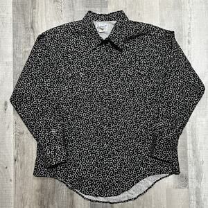 VTG Rockmount Pearl Snap Black Horseshoe Print Sawtooth Pocket Western Shirt